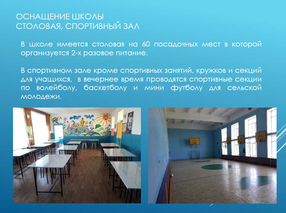 Оснащение школы. Столовая, спортивный зал